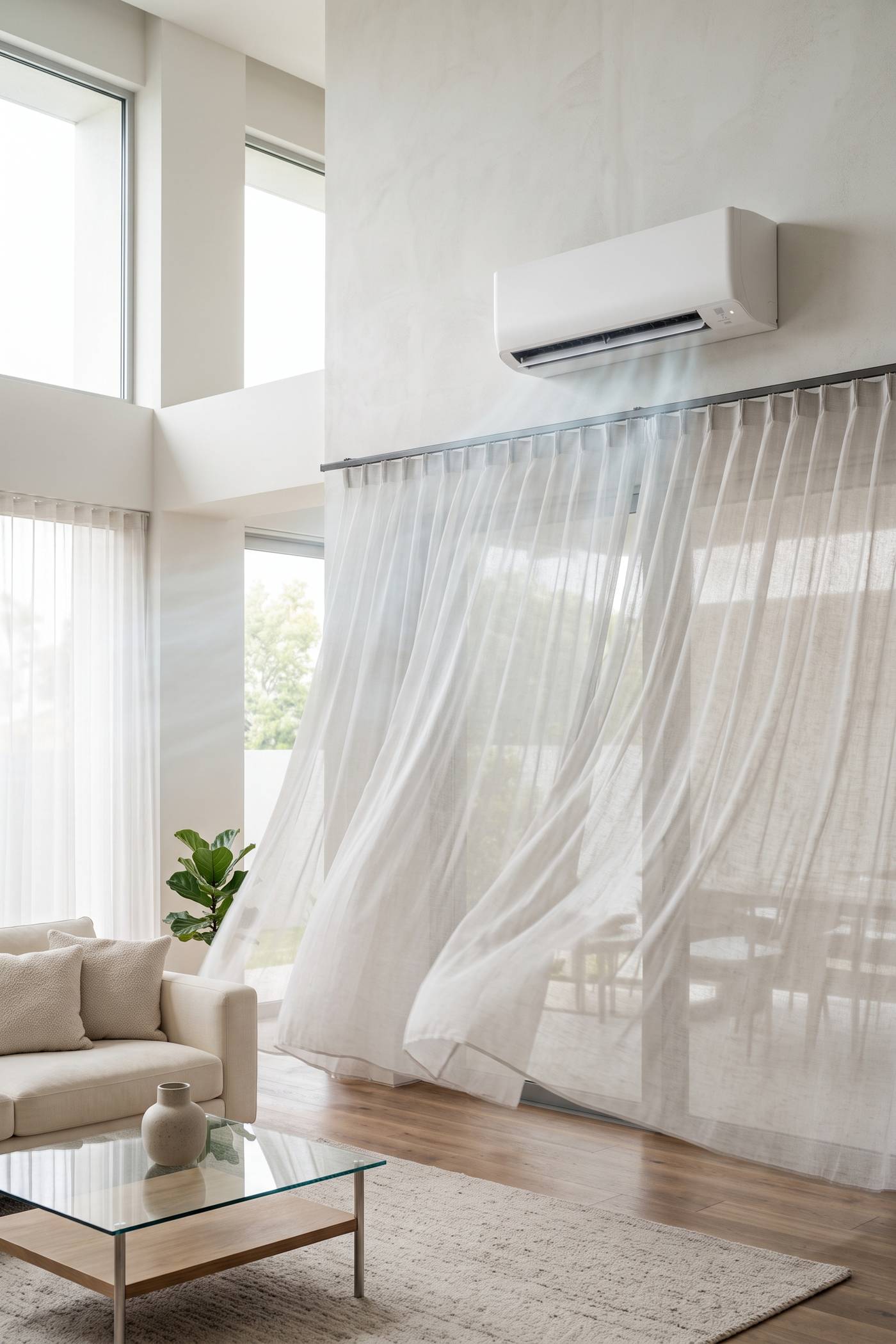 Salón luminoso con un aire acondicionado de pared y cortinas al viento